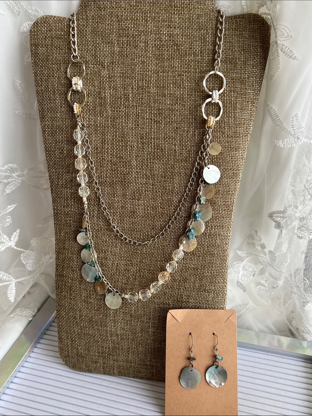 Silver-Tone Layered Disc & Crystal Necklace with Matching Earrings - Silver
